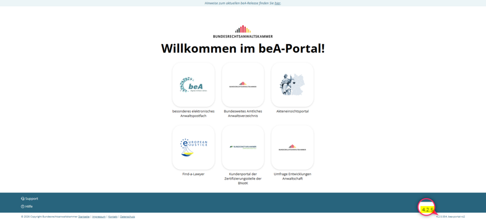 Anzeige der aktuellen beA-Version rechts unten im beA-Portal