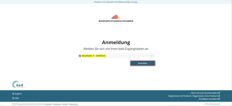 Startseite der beA-Webanwendung - Markierung auf "Anmelden"