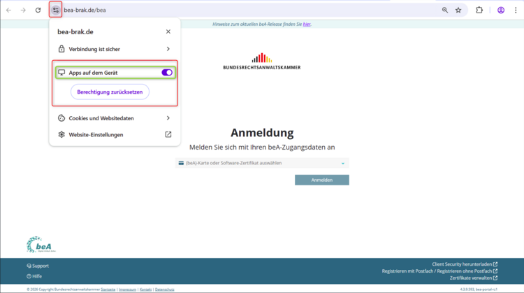 Ansicht der Einstellungen nach Zulassen