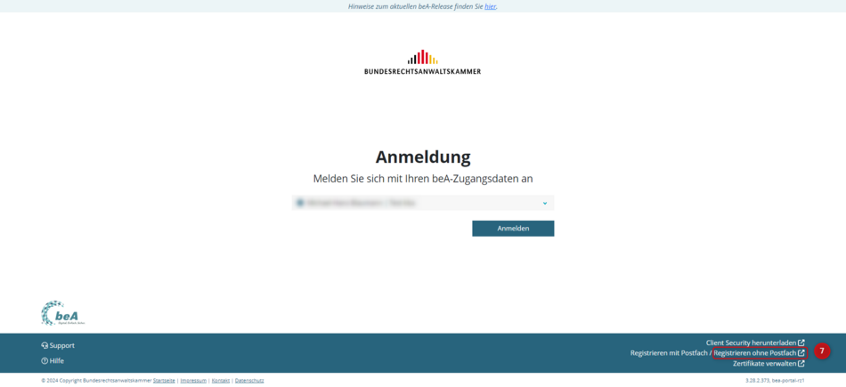 Ansicht Startseite der beA-Webanwendung, die Markierung (7) bezeichnet die Auswahl "Registrieren ohne Postfach"