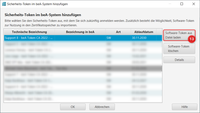 Dialog "Sicherheits-Token im beA-System hinzufügen", die Markierung (13) bezeichnet die Schaltfläche "Software-Token aus Datei laden"