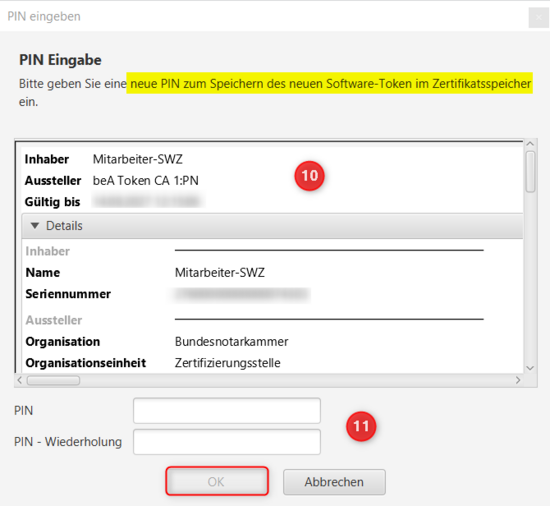 Ansicht der Aufforderung zur Eingabe einer neuen PIN
