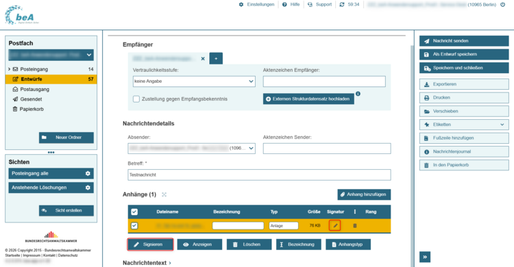 Ansicht des Entwurfes in der beA-Webanwendung