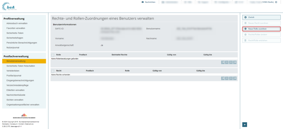 Ansicht der beA-Webanwendung im Dialog "Rechte- und Rollen-Zuordnungen eines Benutzers verwalten"