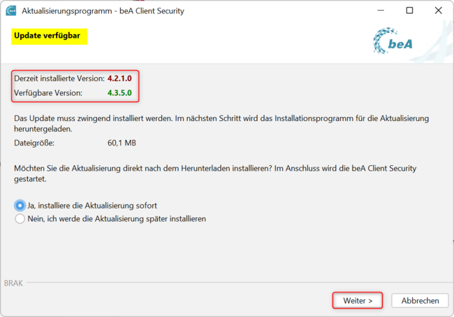 Updatehinweis für die Anwendungskomponente der beA Client Security - ohne administrative Rechte möglich