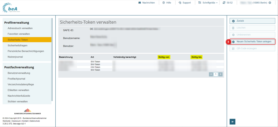 Ansicht der Profilverwaltung / Sicherheits-Token verwalten, Markierung (4) der Schaltfläche "Neuen Sicherheits-Token anlegen"