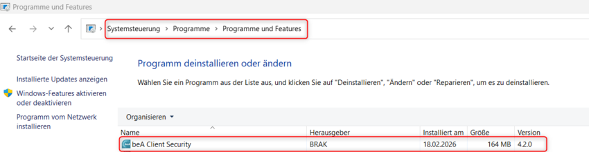 Ansicht der Version der Basiskomponente der beA Client Security in der Systemsteuerung