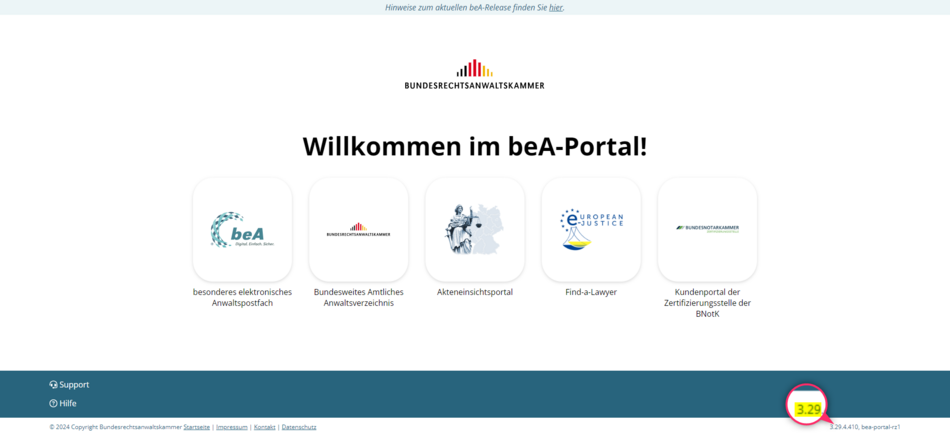 Versionsanzeige der beA-Webanwendung auf der Startseite unten rechts