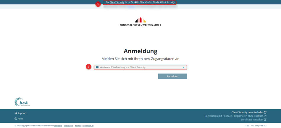 Hinweise auf die nicht gestartete beA Client Security