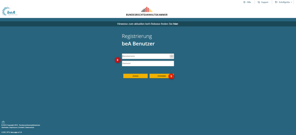 Ansicht "Registrierung beA Benutzer", die Markierung (8) bezeichnet die Felder für die Zugangsdaten, Markierung (9) bezeichnet die Schaltfläche "Anmelden"