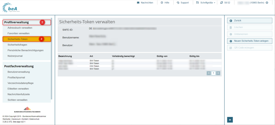 Ansicht der Profilverwaltung / Sicherheits-Token verwalten
