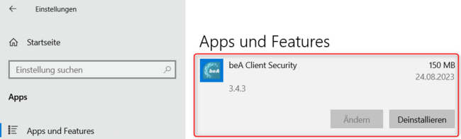 Ansicht der Version der Basiskomponente der beA Client Security in Apps und Features