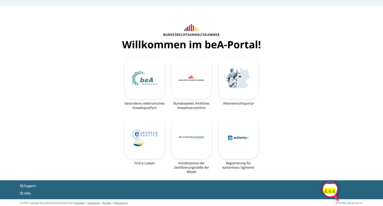 Versionsanzeige der beA-Webanwendung unten rechts