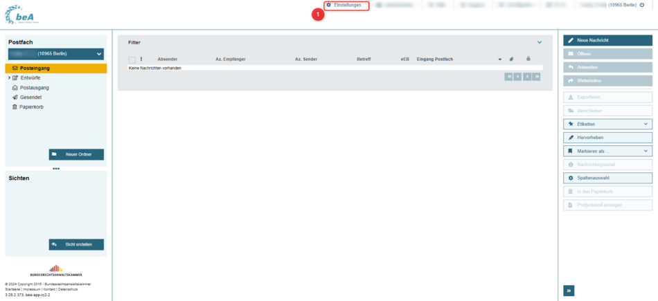 Ansicht der beA-Webanwendung nach Login, Markierung auf Einstellungen im Navigationsmenü am oberen Bildschirmrand