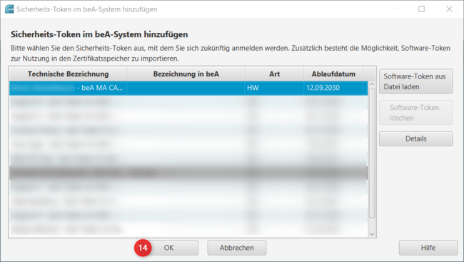 Dialog "Sicherheits-Token im beA-System hinzufügen", die Markierung (14) bezeichnet die Schaltfläche "OK"