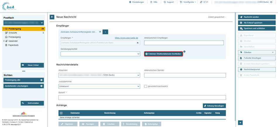 Ansicht der beA-Webanwendung im Dialog "Neue Nachricht". Markierung der Schaltfläche "Externen Strukturdatensatz hochladen"