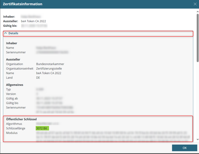 Ansicht der Details im aktuellen Zertifikat - Schlüssellänge 3072 Bit