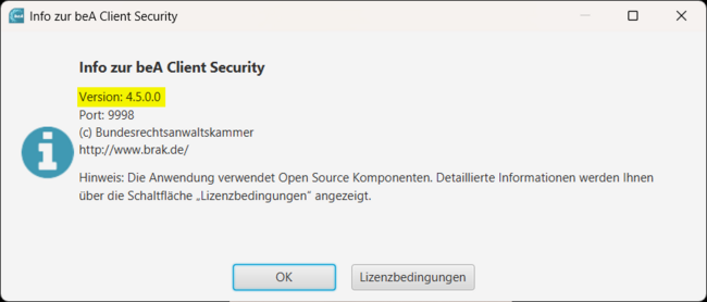 Dialog "Info zur beA Client Security"