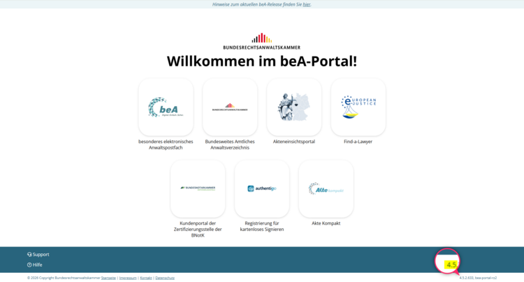 Versionsanzeige der beA-Webanwendung unten rechts