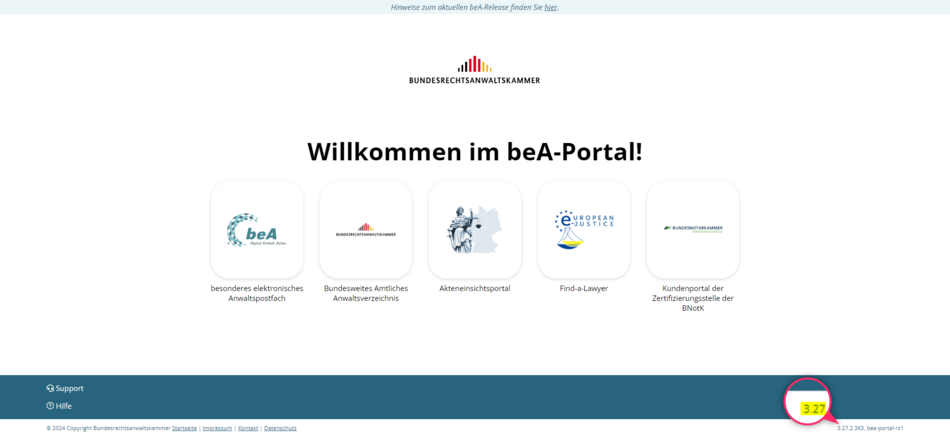 Versionsanzeige der beA-Webanwendung auf der Startseite unten rechts