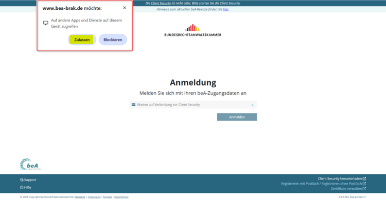 Ansicht der erscheinenden Berechtigungsanfrage