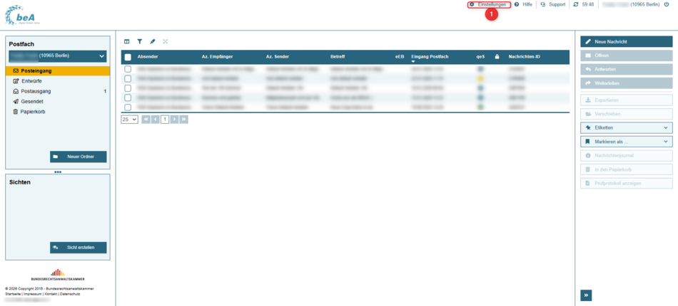 Auswahl der Einstellungen nach Login am beA