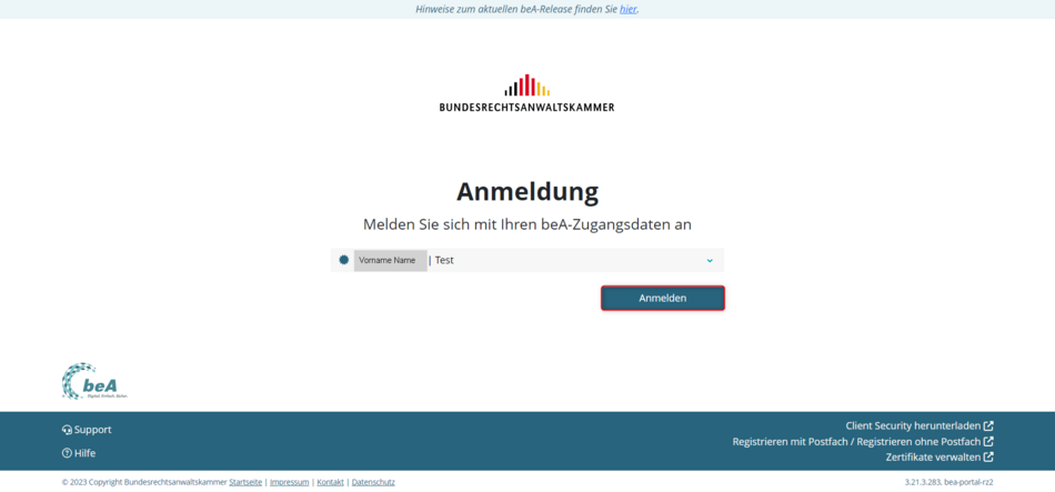 Startseite der beA-Webanwendung