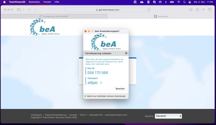 Anzeige mit ID und Passwort für die Fernsteuerung durch den beA-Support