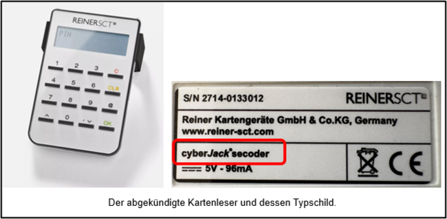 Produktbild und Typenschild des abgekündigten Kartenlesegerätes