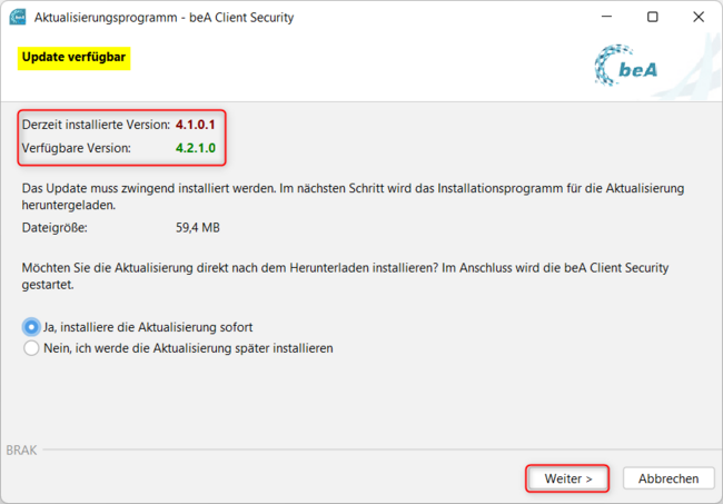 Updatehinweis für die Anwendungskomponente der beA Client Security - ohne administrative Rechte möglich