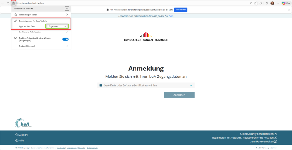 Ansicht der Einstellungen im Microsoft Edge nach Zulassen
