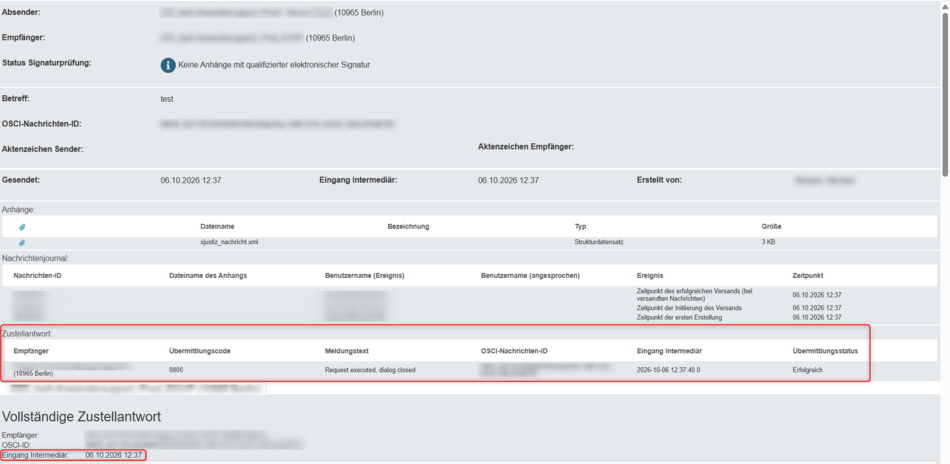 Darstellung der Eingangsbestätigung in der exportierten Datei *_export.html - Markierungen auf die Zusammenfassung Prüfprotokoll und den Eintrag "Eingang Intermediär" im unteren Bereich.