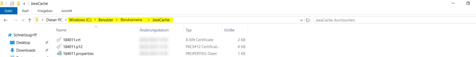 Zertifikate im Ordner .beA-Cache unter Windows