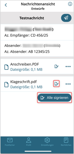 Ansicht eines geöffneten Nachrichtenentwurfs in der beA-App