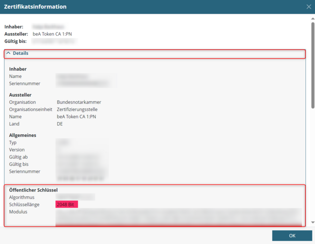 Ansicht der Details im alten Zertifikat - Schlüssellänge 2048 Bit