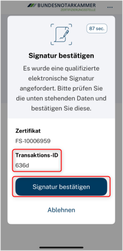 Ansicht einer Freigabe-Aufforderung in der Signatur-Freigabe-App authentigo
