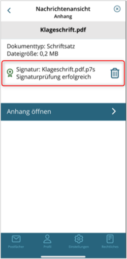 Ansicht der Details einer Signatur in der beA-App