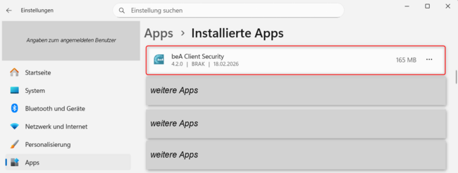 Ansicht der Version der Basiskomponente der beA Client Security unter den installierten Apps