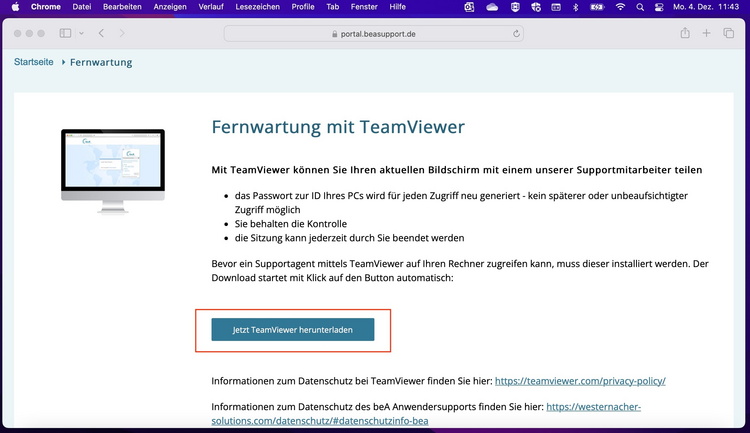 Die Schaltfläche zum Start des Downloads des TeamViewers auf der Folgeseite mittig im Text