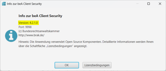 Dialog "Info zur beA Client Security"