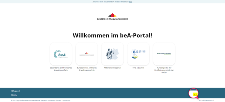 Versionsanzeige der beA-Webanwendung auf der Startseite unten rechts