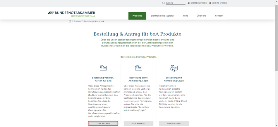 Übersicht über Bestellung und Antrag für beA Produkte im Bestellportal der Zertifizierungsstelle der Bundesnotarkammer