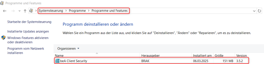 Ansicht der Version der Basiskomponente der beA Client Security in der Systemsteuerung