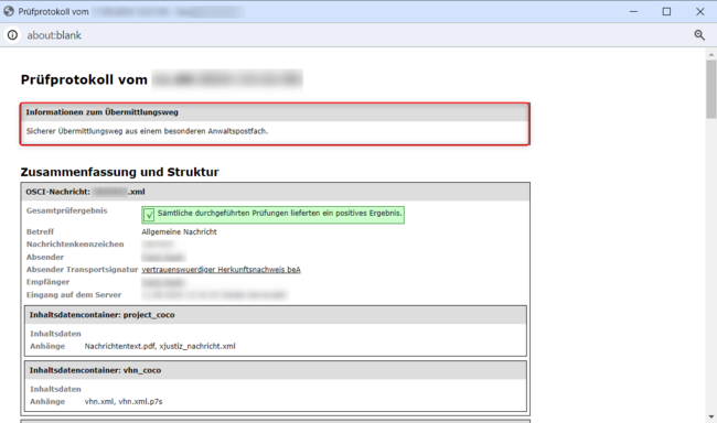Anzeige der Informationen zum Übermittlungsweg im Prüfprotokoll