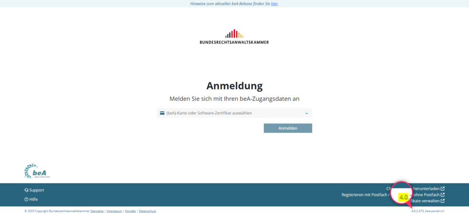 Versionsanzeige der beA-Webanwendung auf der Startseite unten rechts