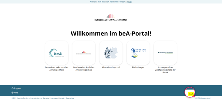 Versionsanzeige der beA-Webanwendung auf der Startseite unten rechts
