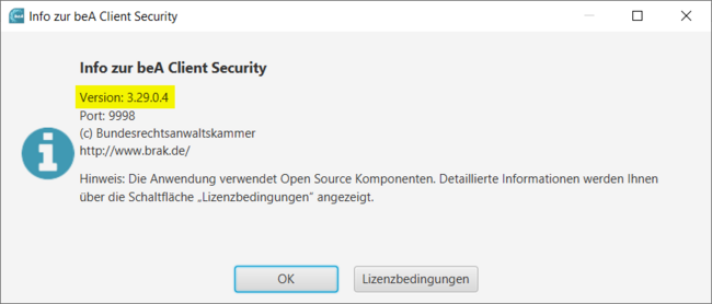 Dialog "Info zur beA Client Security"