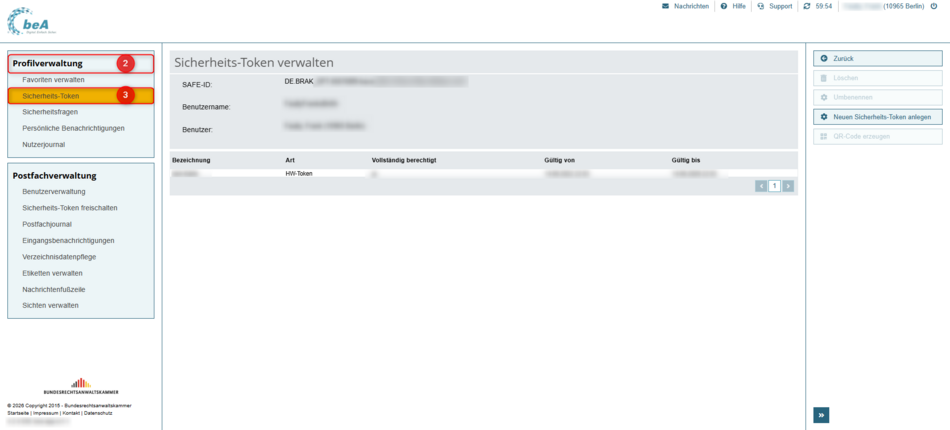 Ansicht der Profilverwaltung / Sicherheits-Token verwalten