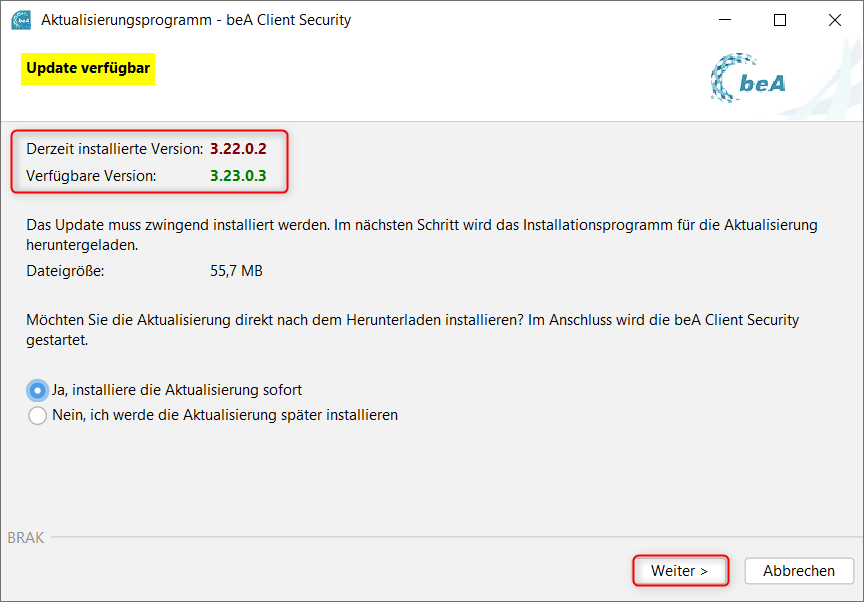 Updatehinweis für die Anwendungskomponente der beA Client Security - ohne administrative Rechte möglich