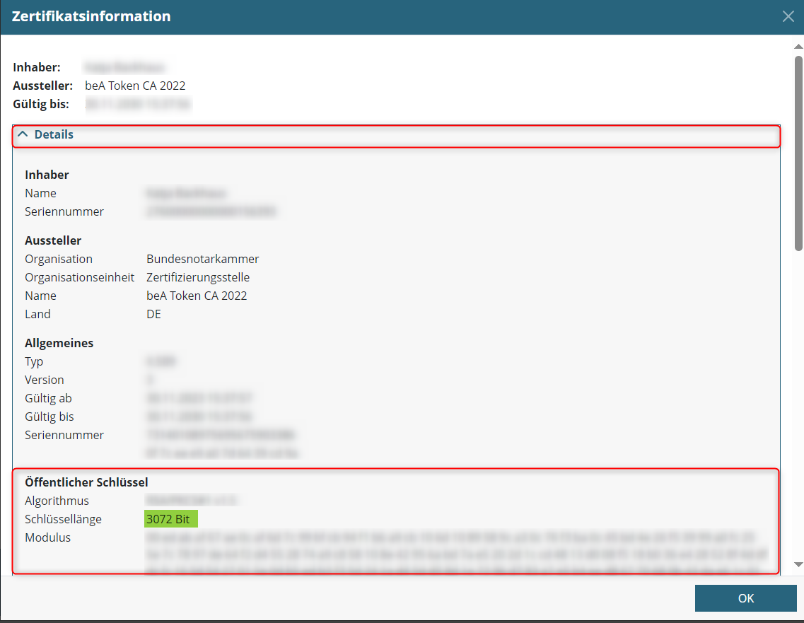 Zertifikatinformation mit Hinweis die aktuell verwendete Schlüssellänge